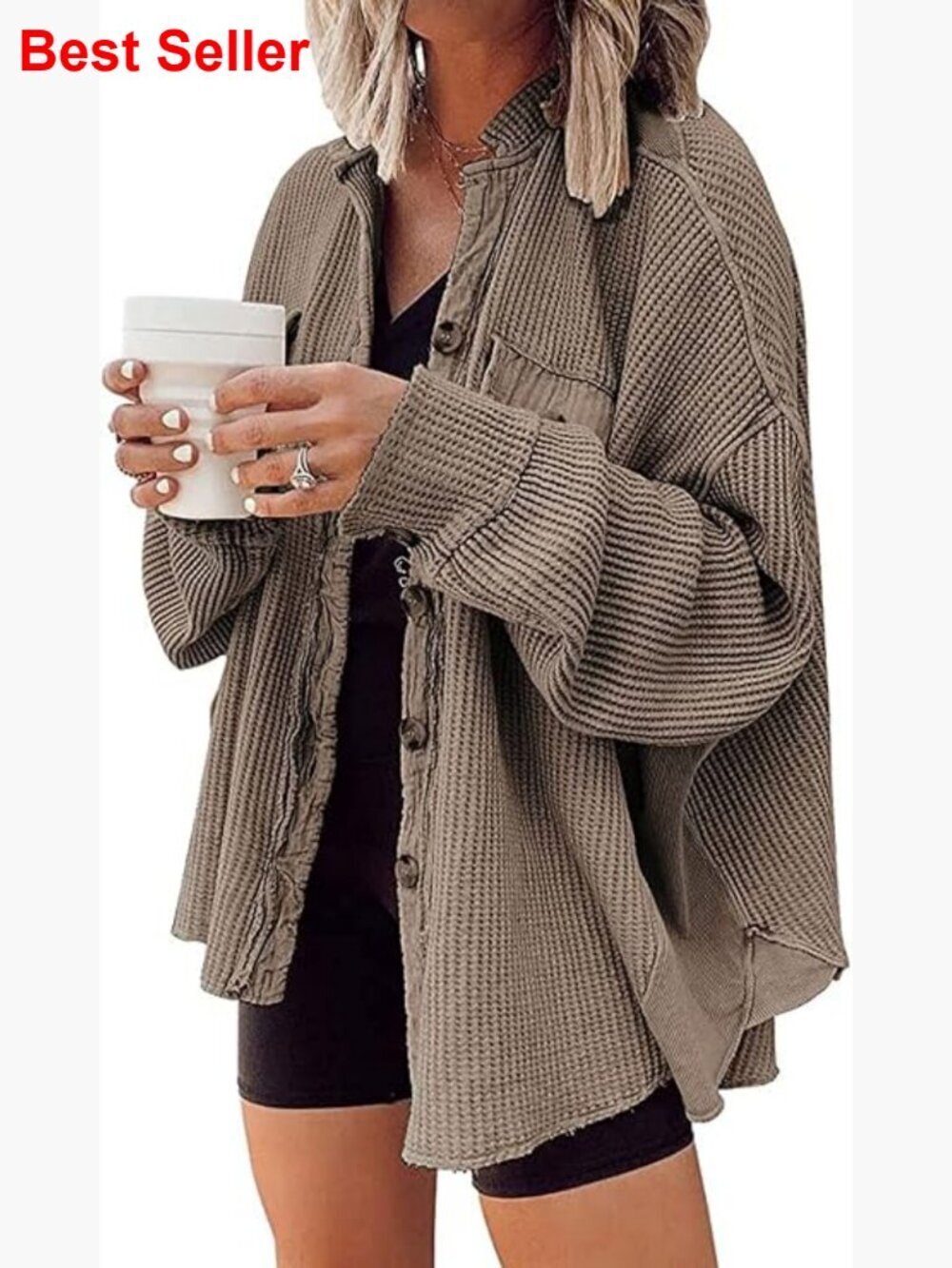 Oversized Waffle Knit Shacket Button Down Long Sleeve Shirt Fall Jacket